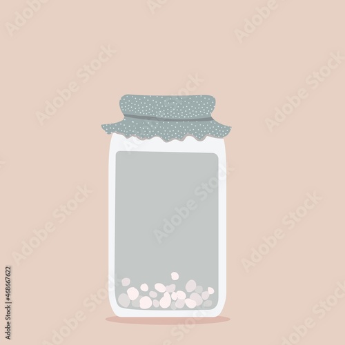 Vector illustration of water kefir grains in glass jar at pink background. Japanese crystals (Tibicos, Sugary Fungus) for homemade organic probiotic and fermented drink.