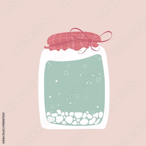 Vector illustration of water kefir grains in glass jar at light pink background. Japanese crystals (Tibicos, Sugary Fungus) for homemade organic probiotic and fermented drink.
