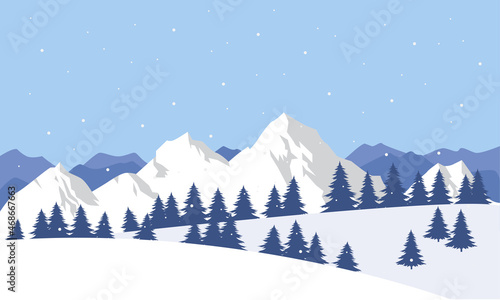 Winter scene with mountains landscape. Christmas background. Vector illustration