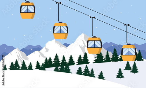 Yellow ski cabin lift for mountain skiers and snowboarders moves in the air on a cableway on the background of winter snow capped mountains. Vector illustration photo