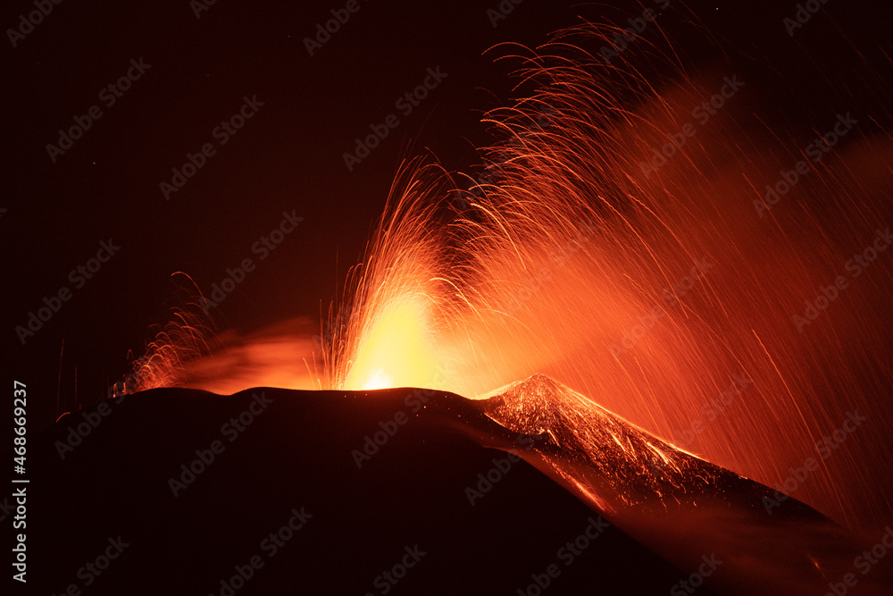Strombolian Eruption Volcano La Palma Erupting. Cumbre Vieja. Canary Island.