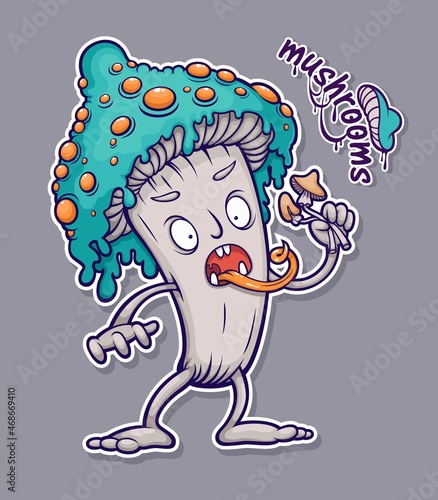 Funny sticker with poisonous mushroom eating edible mushrooms. Psychedelic print in cartoon style.