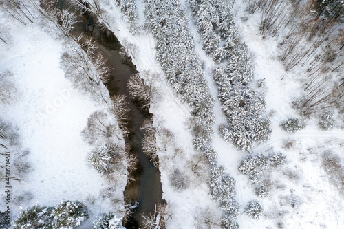 Drone shot flying on forest and river in winter