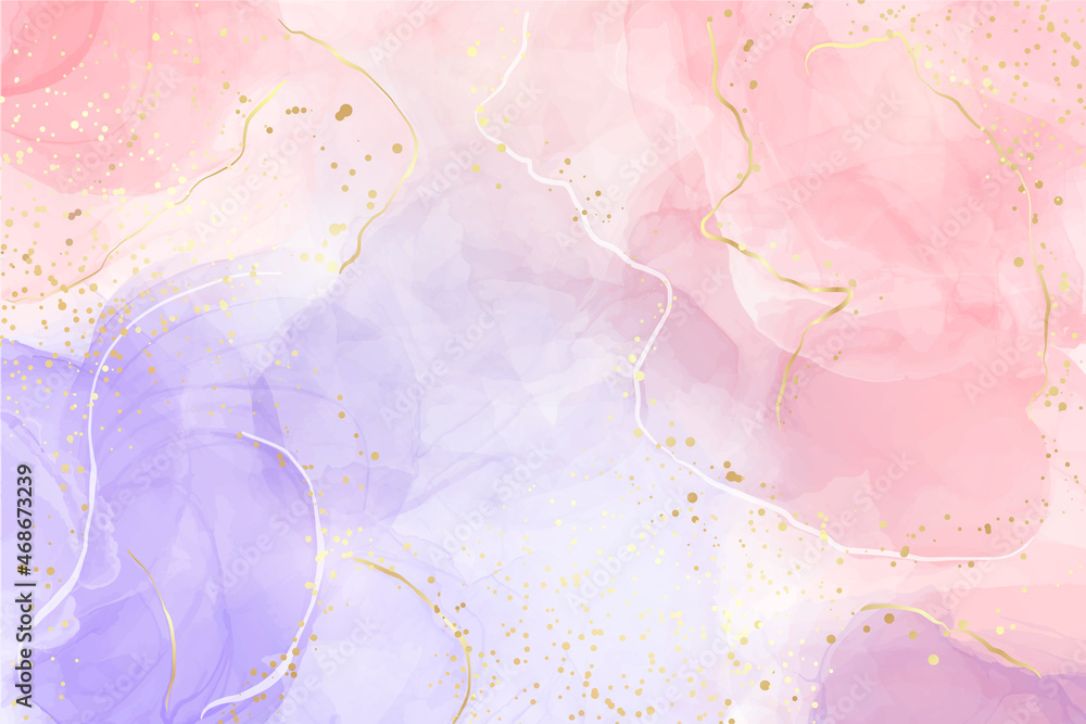 Purple rose and lavender liquid marble background with gold stripes and glitter dust. Pastel pink violet watercolor drawing effect. Vector illustration backdrop with gold splatter for wedding invite Purple rose and lavender liquid marble background with gold stripes and glitter dust. Pastel pink violet watercolor drawing effect. Vector illustration backdrop with gold splatter for wedding invite