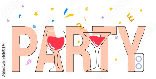 Lettering Party with two glasses of red wine Happy holiday celebration with alcohol drinks festive mood and cheerful atmosphere