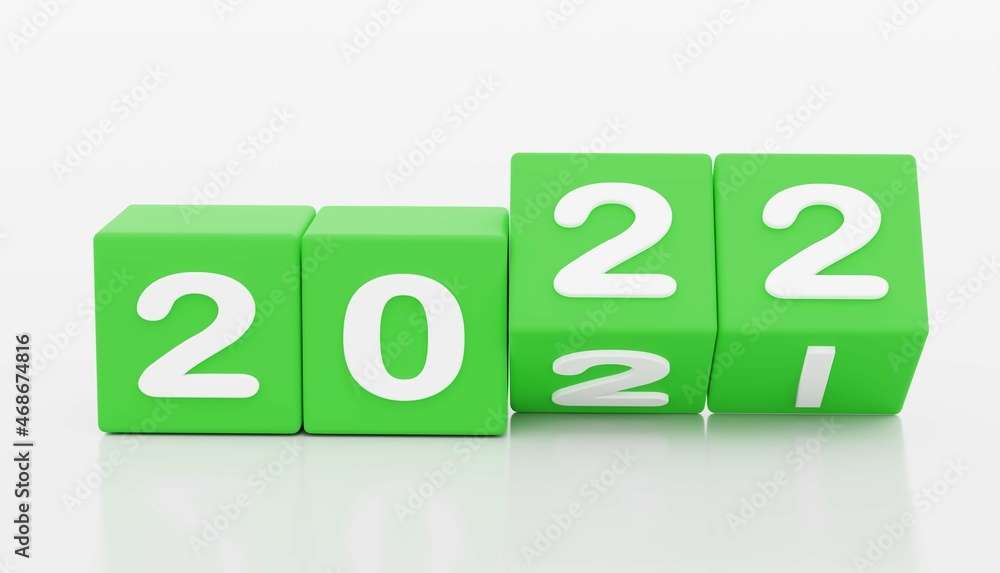green dices 2022 New year change, turn. 2022 start 2021 end, dice isolated against white background. 3d illustration green dices 2022 New year change, turn. 2022 start 2021 end, dice isolated against white background. 3d illustration
