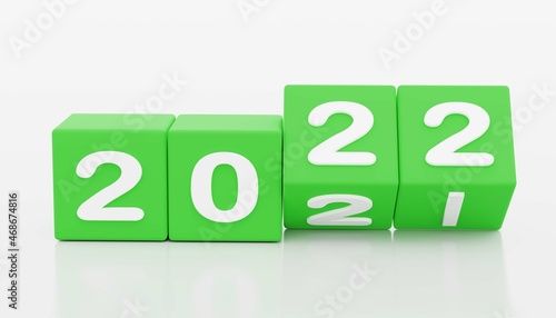 green dices 2022 New year change, turn. 2022 start 2021 end, dice isolated against white background. 3d illustration photo
