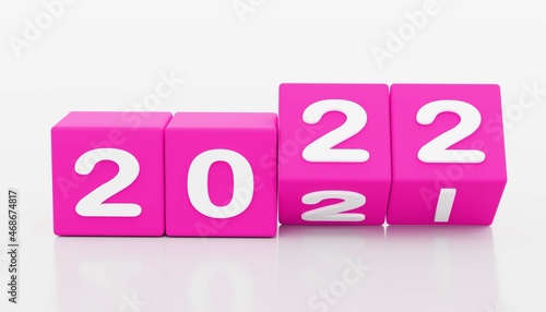 purple dices 2022 New year change, turn. 2022 start 2021 end, dice isolated against white background. 3d illustration