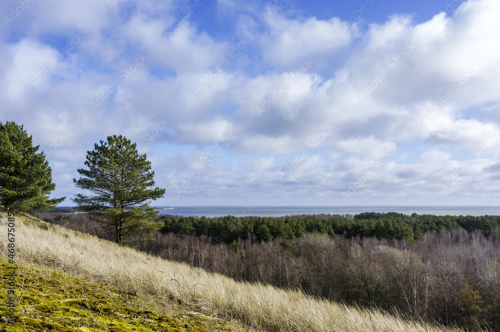 High sand dunes. Picturesque sea shores. Curonian Spit on the Baltic Sea. High sand dunes. Picturesque sea shores. Curonian Spit on the Baltic Sea.