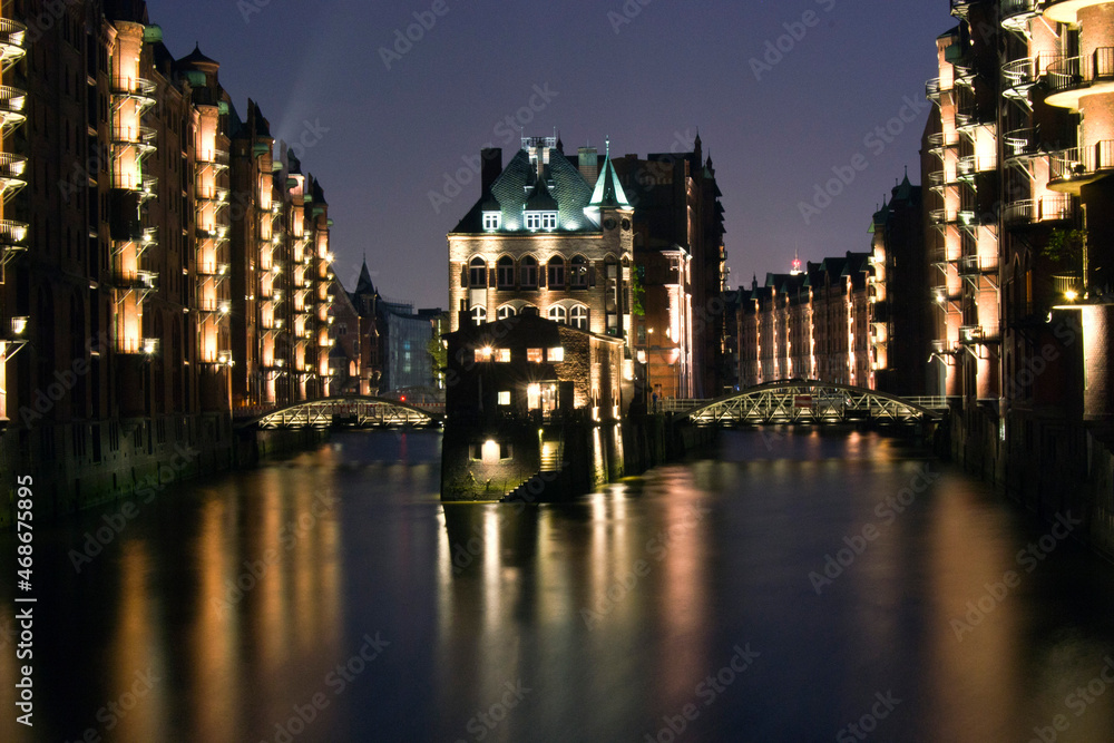 Hamburg by night, Speicherstadt, Germany