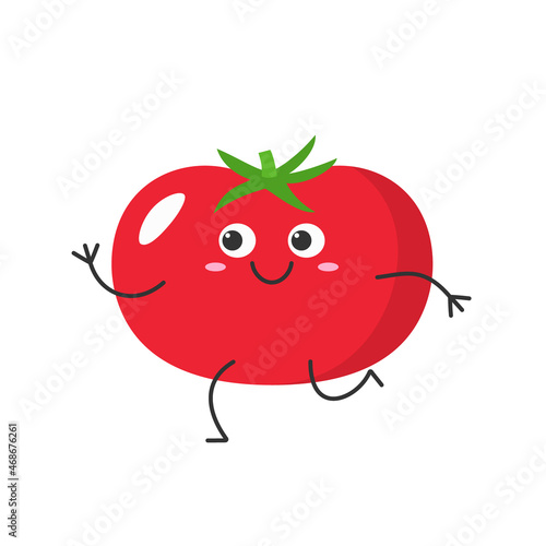 Tomato cute character cartoon running smiling face emotions joy happy ripe red tomatoes icon beautiful vector illustration.