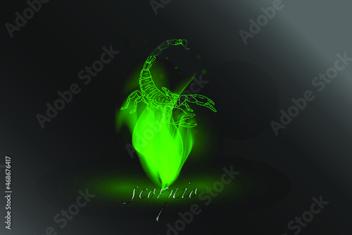 Zodiac sign in a glowing flame on a gray background. Astrological symbolism.