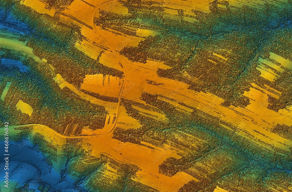 Digital elevation model of a forest area with a swamps. GIS 3D illustration made after proccesing aerial pictures taken from a drone. Lidar scan and multispectral camera gives NDVI and NIR effect