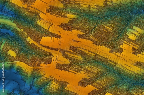 Digital elevation model of a forest area with a swamps. GIS 3D illustration made after proccesing aerial pictures taken from a drone. Lidar scan and multispectral camera gives NDVI and NIR effect photo