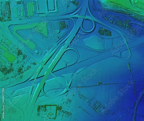 Digital elevation model. GIS 3D illustration made after proccesing aerial pictures taken from a drone. It shows a large road junction with numerous intersections which run at different levels photo