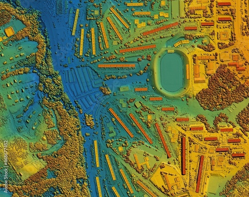 Digital elevation model. GIS 3D illustration made after proccesing aerial pictures taken from a drone. It shows lidar scanned, huge urban area of a city with roads and junctions between dense blocks photo