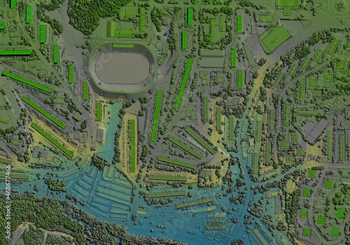Digital elevation model. GIS 3D illustration made after proccesing aerial pictures taken from a drone. It shows lidar scanned, huge urban area of a city with roads and junctions between dense blocks