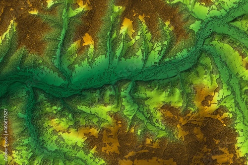 Digital elevation model. GIS 3D illustration made after proccesing aerial pictures taken from a drone. It shows the urban area of a scattered narrow village set in a valley