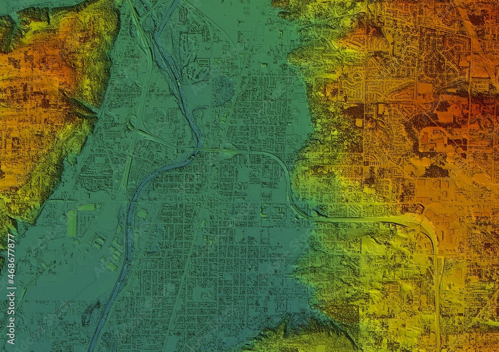 Digital elevation model. GIS 3D illustration made after proccesing aerial pictures taken from a drone. It shows lidar scanned, huge urban area of a city with roads and junctions between dense blocks