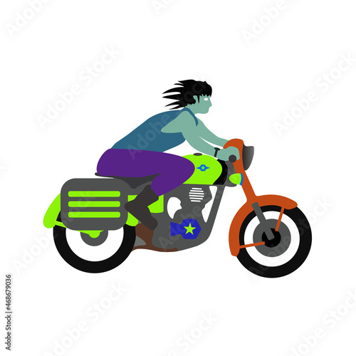 biker riding a custom japstyle  motorcycle vector flat illustration