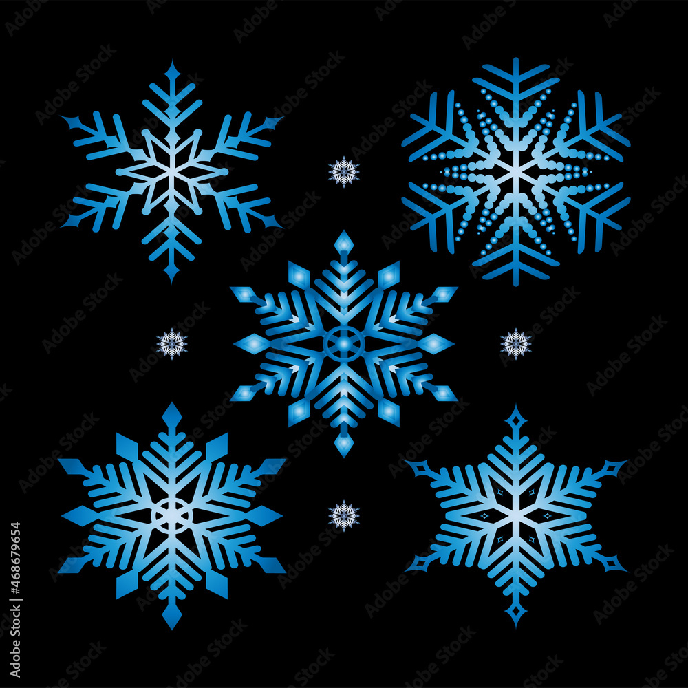 Blue Snowflakes Set. Symbol of winter, Christmas, New Year holiday. Blue silhouette  on black background. Vector illustration.
