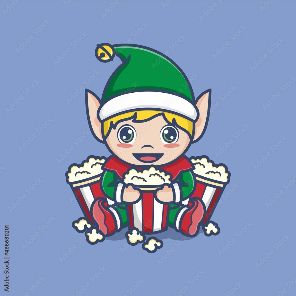 cute cartoon christmas elves with popcorn. vector illustration for mascot logo or sticker