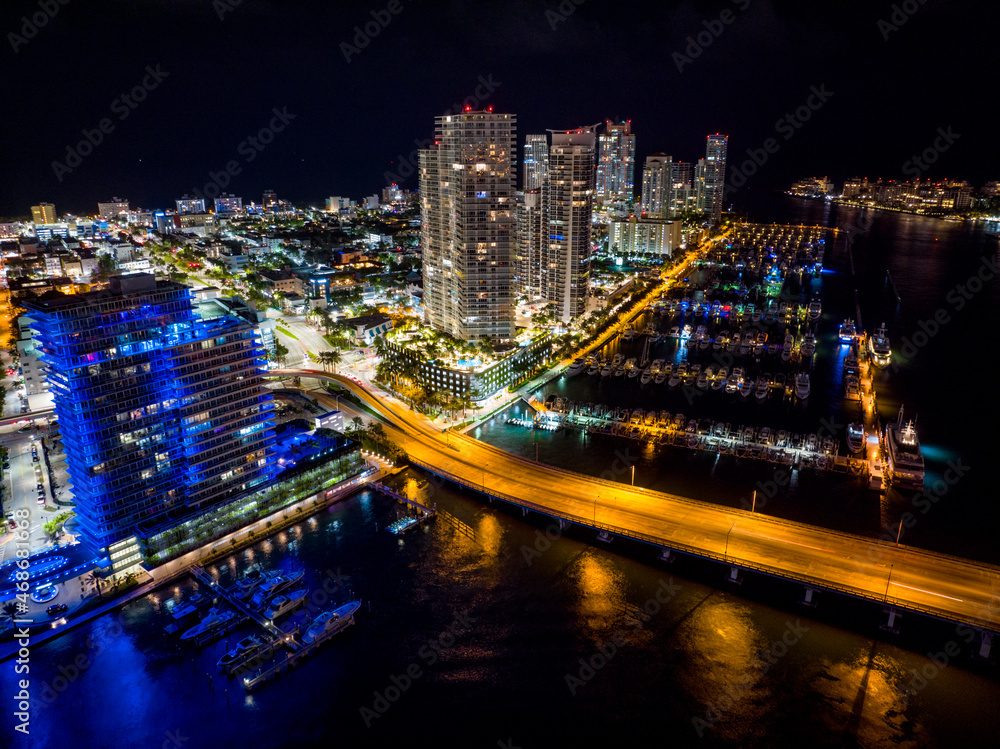 Night scene Miami Beach Marina and Macarthur Causeway
