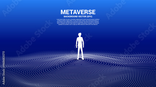 Vector Silhouette of businessman stand and Digital Contour curve dot and line and wave with wireframe . Concept for metaverse and VR technology .