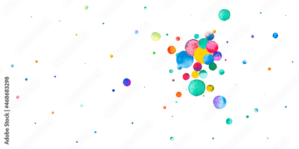 Watercolor confetti on white background. Alive rainbow colored dots. Happy celebration wide colorful bright card. Creative hand painted confetti.