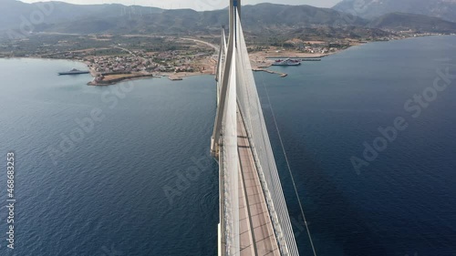 Aerial view to the right over middle of Rio Antirio Bridge in Greece photo