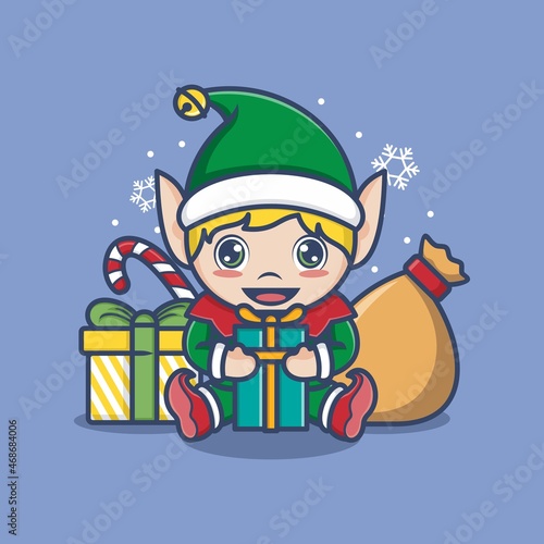 cute cartoon christmas elves with christmas gifts and presents. vector illustration for mascot logo or sticker