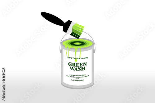 Green Wash paint tin and brush, eco greenwashing to gloss over environmental impact of industry or product concept illustration