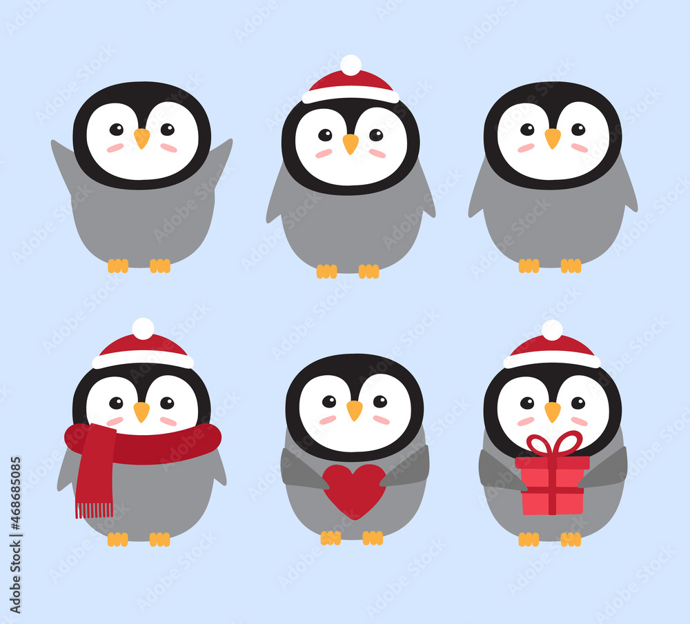 Fototapeta premium Vector set of flat cartoon different penguin isolated on pink background