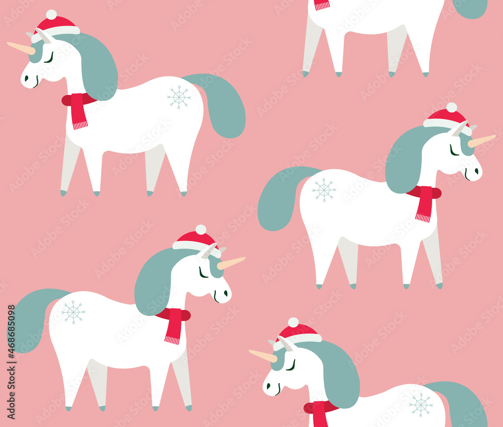Vector seamless pattern of flat cartoon Christmas unicorn isolated on pink background