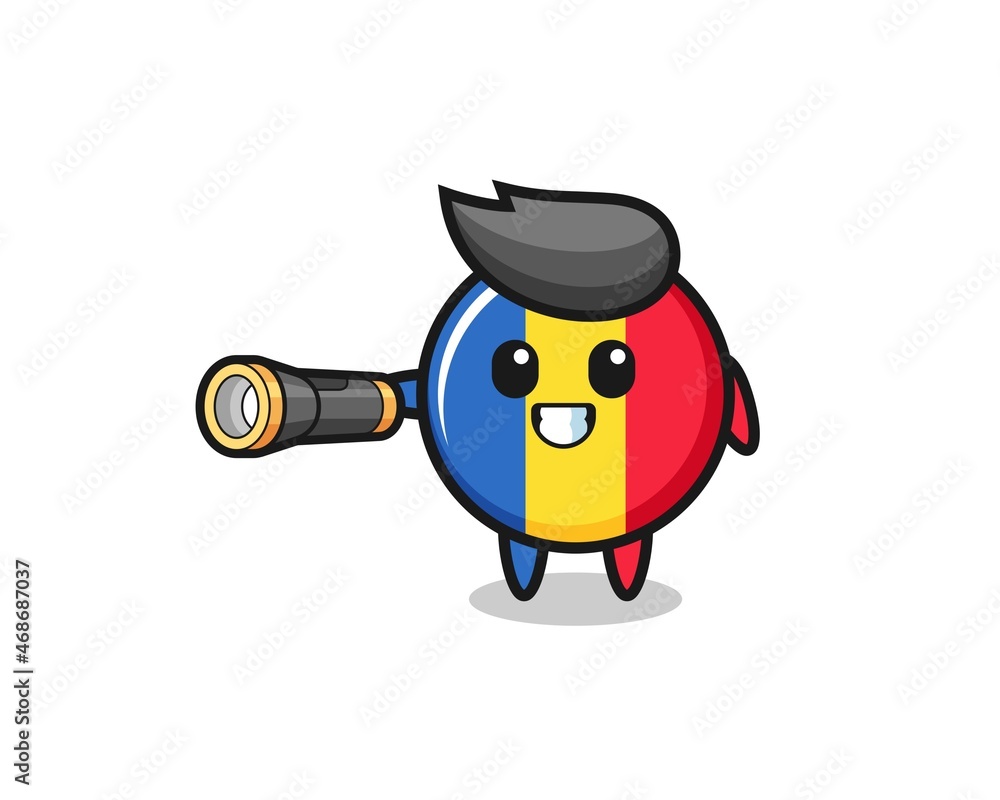 romania flag mascot holding flashlight romania flag mascot holding flashlight