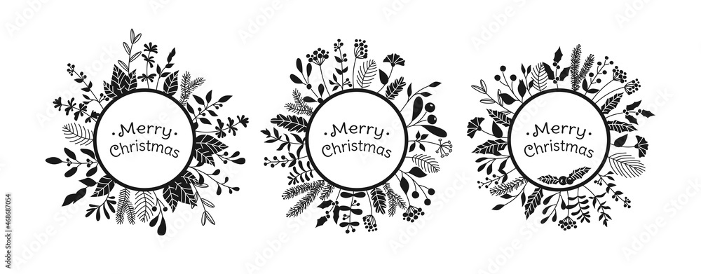 Christmas circle frame branch greeting black glyph set. New year or xmas winter background for text congratulations. Holiday mistletoe holly, fir pine doodle print design. Poster or greeting card