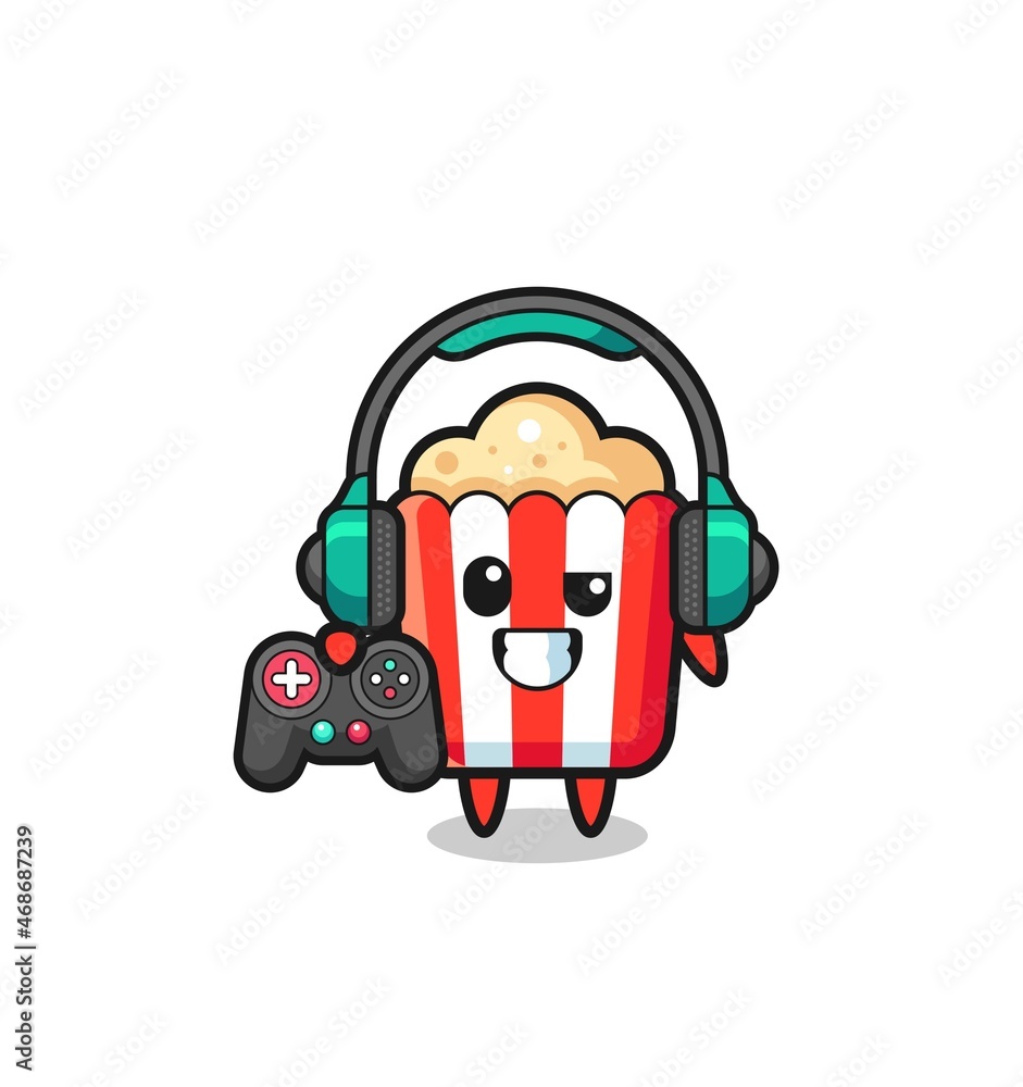 popcorn gamer mascot holding a game controller popcorn gamer mascot holding a game controller