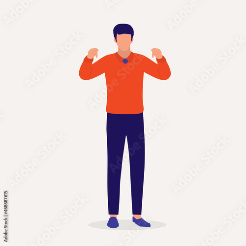 Young Man Standing With Fingers Pointing Down. © simplehappyart