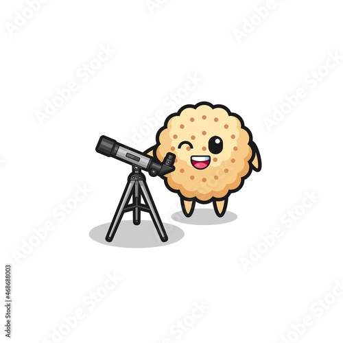 round biscuits astronomer mascot with a modern telescope
