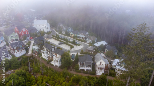 Aerial view captured by drone of the tourist community town of Seabrook in Washington state