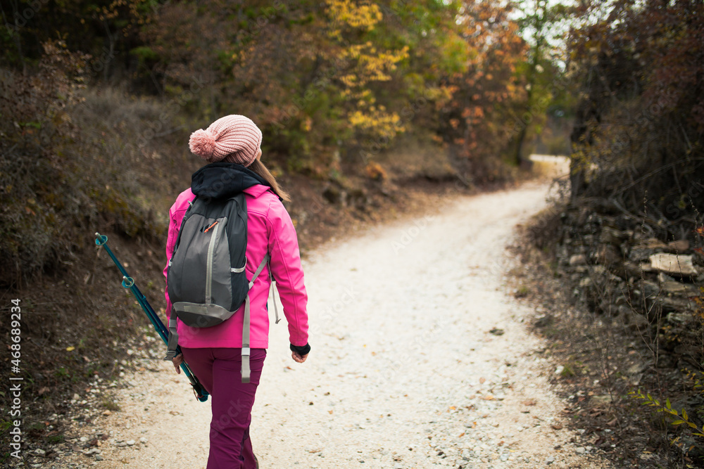Hiker girl walking on a path in the mountains. Back view of backpacker with pink jacket in a forest. Healthy fitness lifestyle outdoors.