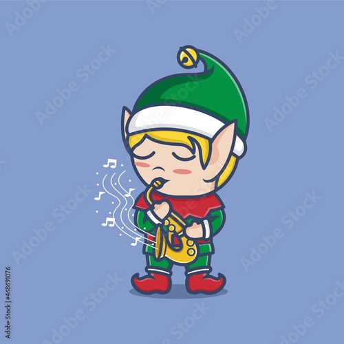 cute cartoon christmas elves playing sexophone. vector illustration for mascot logo or sticker