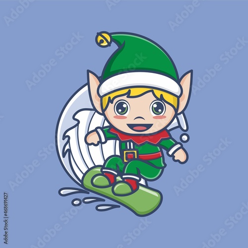 Photography cute cartoon christmas elf surfing in the snow