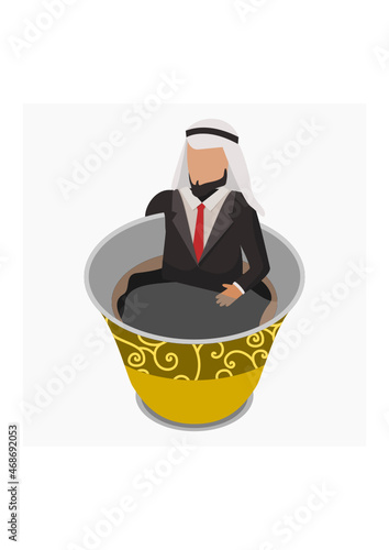Editable Vector of Arab Businessman Relaxing in A Cup of Arabic Coffee for Business and Coffee Break Illustration With Arab Culture or Cafe Related Design
