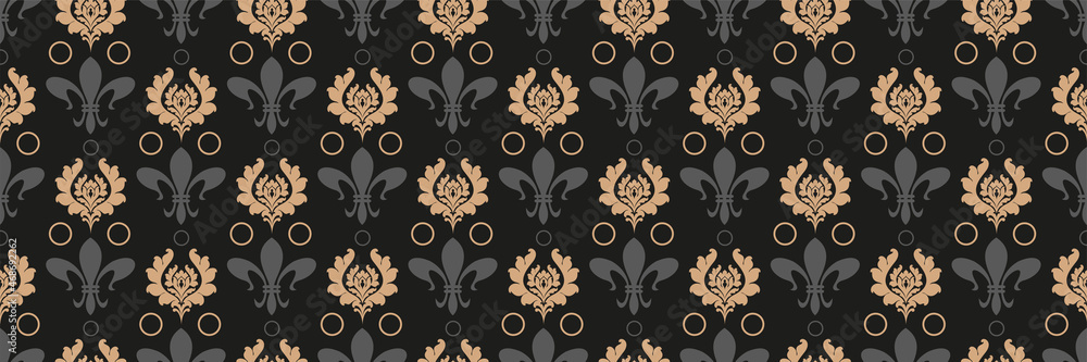 Background images with decorative floral ornaments in gray and gold on a black background for your design. Seamless background for wallpaper, textures. Background images with decorative floral ornaments in gray and gold on a black background for your design. Seamless background for wallpaper, textures.