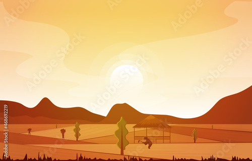Sunrise Asian Farmer Paddy Rice Field Agriculture Nature Illustration