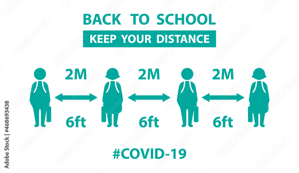 Symbol icon back to school. Keep your distancing from other people in public. Coronavirus pandemic preventive measures. Covid-19 back to school Vector illustration. Medical and health concept Symbol icon back to school. Keep your distancing from other people in public. Coronavirus pandemic preventive measures. Covid-19 back to school Vector illustration. Medical and health concept