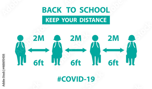 Symbol icon back to school. Keep your distancing from other people in public. Coronavirus pandemic preventive measures. Covid-19 back to school Vector illustration.  Medical and health concept