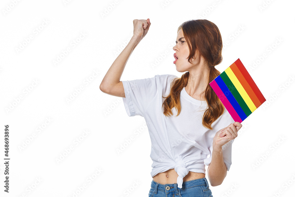 woman wearing white t-shirt lgbt flag inventor community woman wearing white t-shirt lgbt flag inventor community