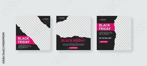 Social media template. Black Friday sale square banner. Design with pink and black color.